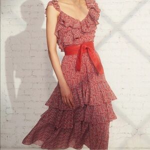 MARISSA WEBB Red Floral Ruffle Tiered Midi Dress